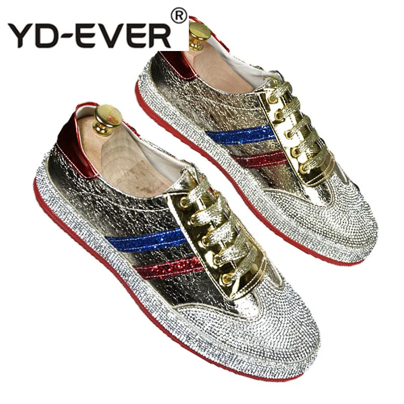Casual Men Sneakers Luxury Brand Silver Shoes Spring Lace Up Skate European Trainers Italy Patent Leather Gold Nice Rhinestone | Обувь