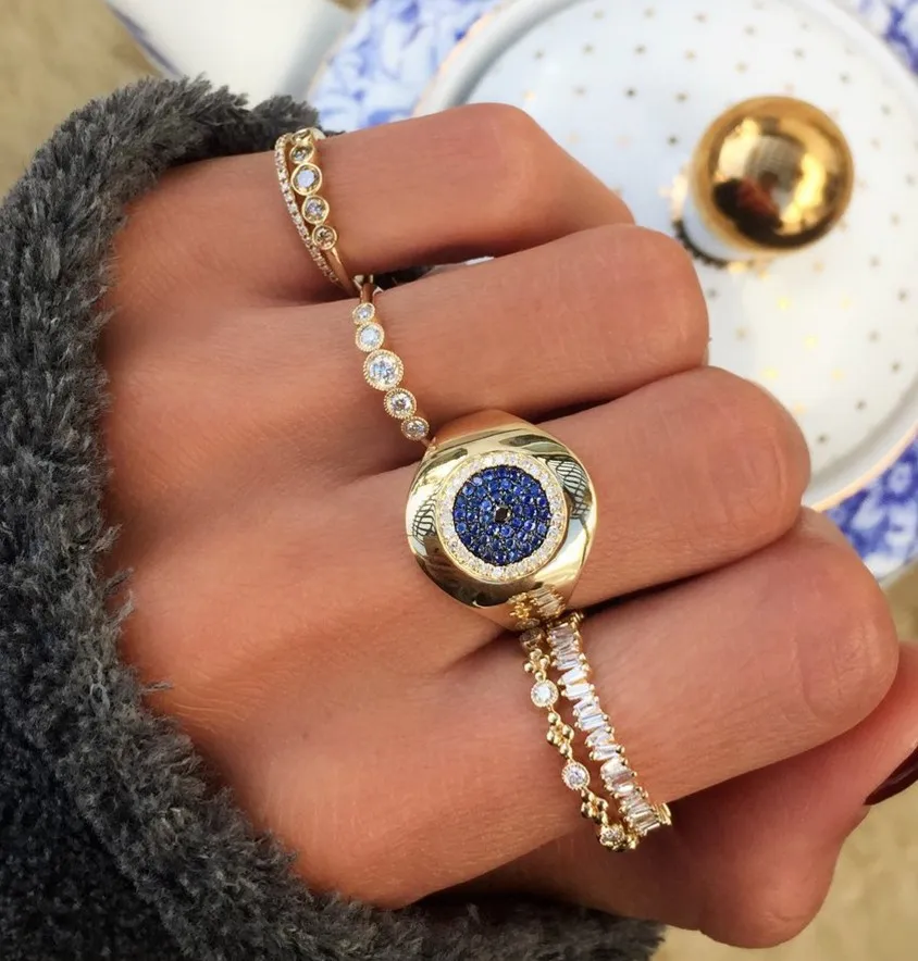 

Gold filled vintage design blue white black cz paved lucky turkish evil eye band ring for women