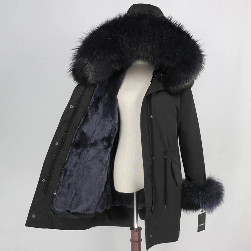 black grey OFTBUY Long Waterproof Parka Real Fur Coat Natural Fur Collar Hood Winter Jacket Women Rabbit Fur Liner Thick Warm Detachable - Цвет: black grey