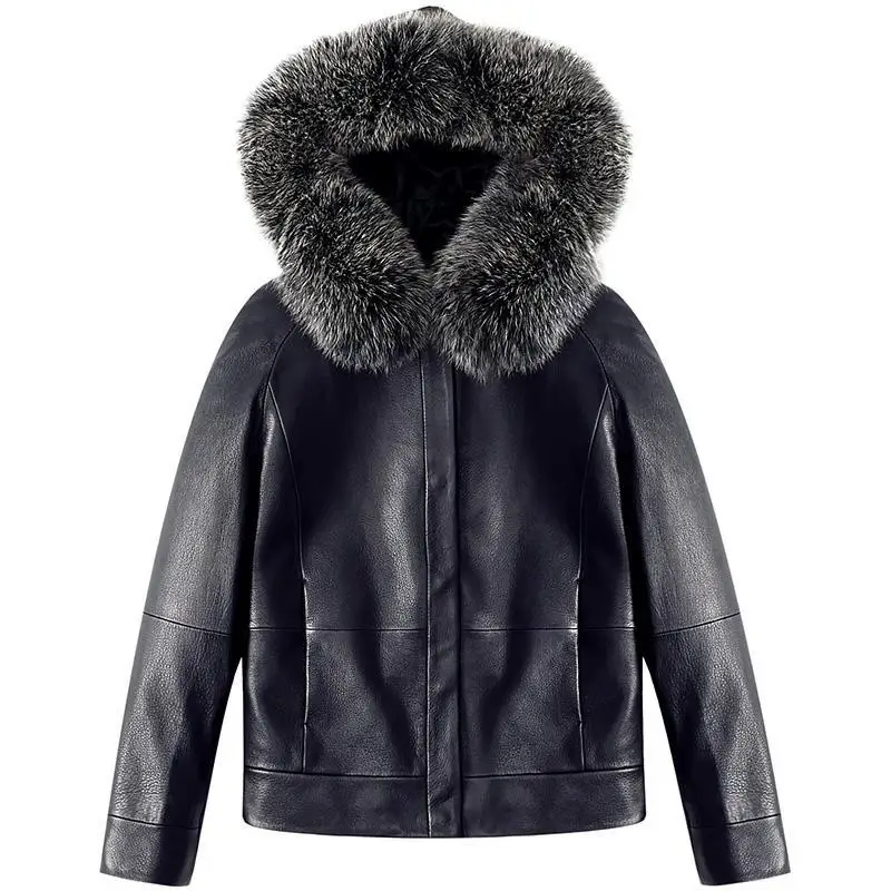 Куртка женская из натуральной овчины с воротником лисьего меха на весну-осень 2019