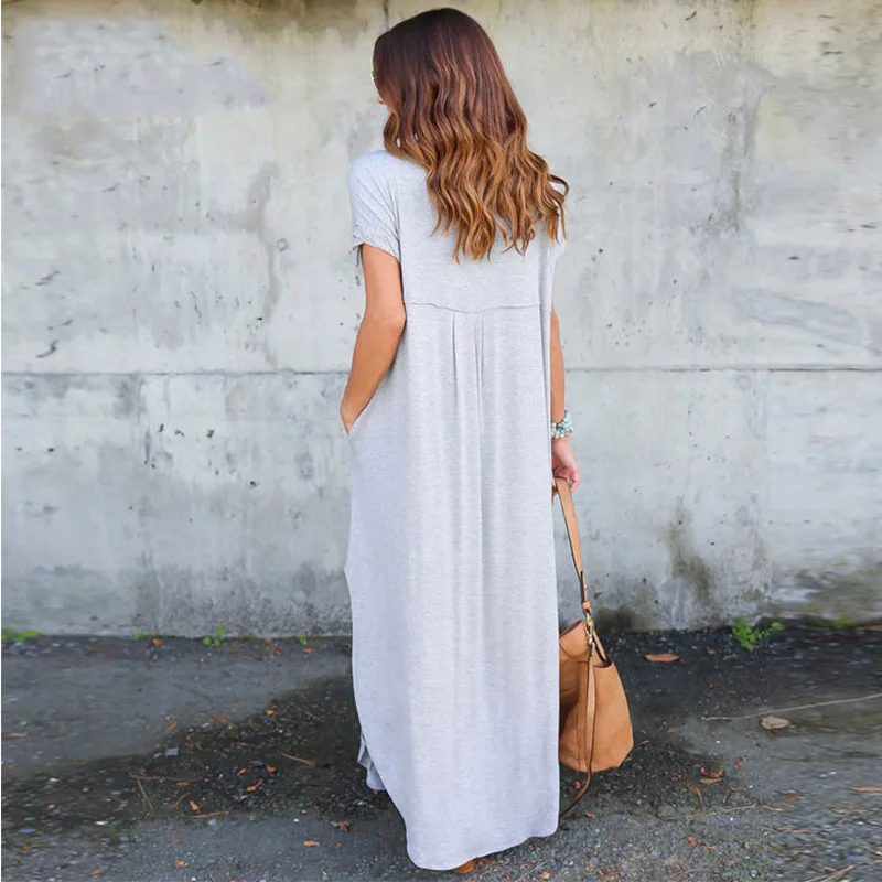 Новый Для женщин Повседневное свободные карман длинное платье короткий рукав