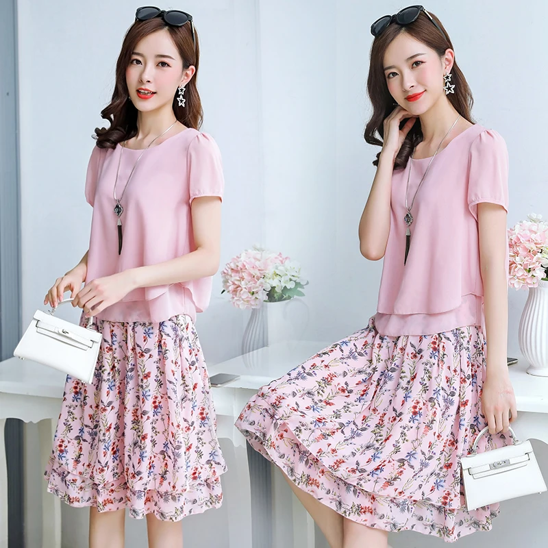 Fashion Two Piece Set Women Skirt 2019 New Short Sleeve Tops+Printed Chiffon Summer Elegant Plus Size Womens 3XL |