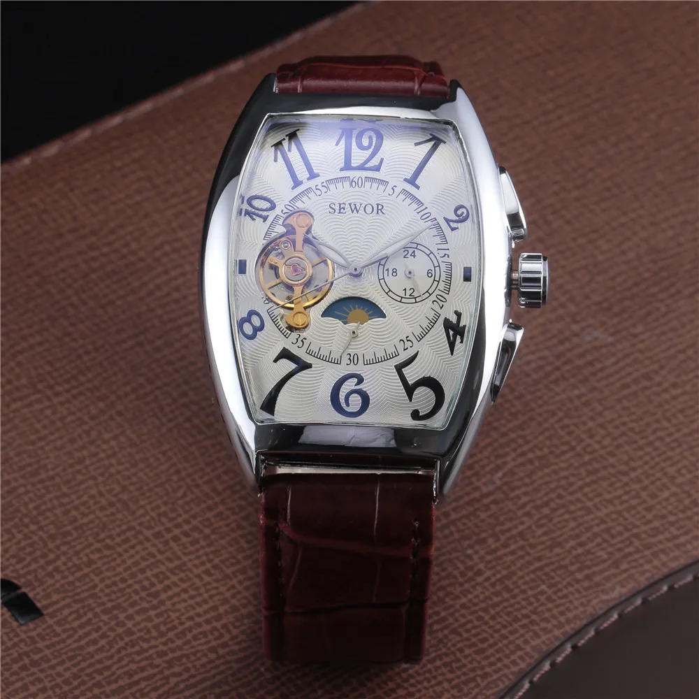 SEWOR Марка Tonneau роскошный кожаный ремешок автоматические механические Для мужчин