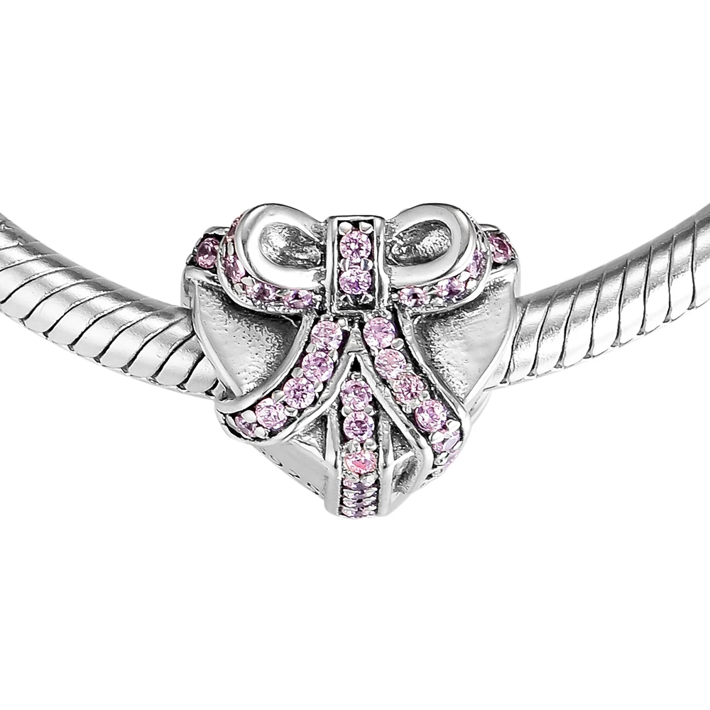 Fits Pandora Charms Bracelets Heart Present Beads with Pink CZ 100% 925 Sterling Silver Jewelry Free Shipping | Украшения и