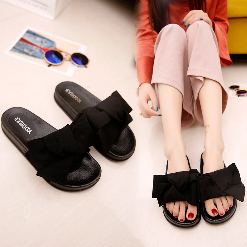 

COOLSA Summer Women's Slippers Bow Fabric Designer Flat Non-Slip Cute Slides Home Flip Flop Casual Sandal Female Tap Beach Shoes