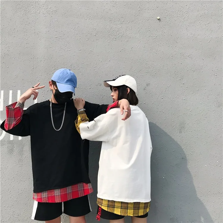 LAPPSTER летняя желтая клетчатая уличная футболка поддельные две части Harajuku Лоскутные футболки мужские Забавные футболки с длинным рукавом