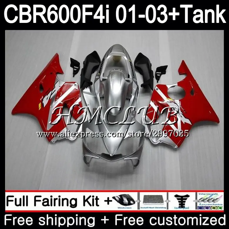 + Бак для HONDA Red silvery CBR 600 F4i CBR600FS CBR600F4i 2001 2002 2003 77h c. 2 600F4i FS CBR600 01 02 03