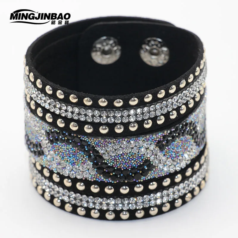 Модные кожаные Обёрточная Бумага Браслет манжета Punk кристалл горный хрусталь