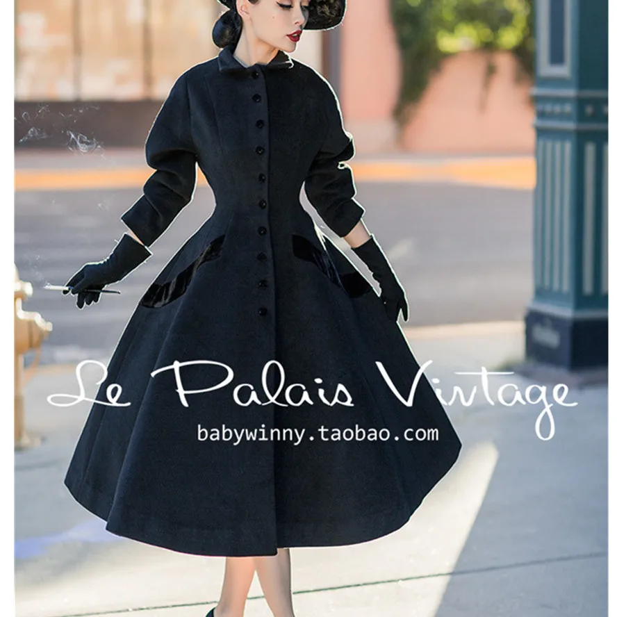 Женское длинное шерстяное пальто винтажное черное в стиле Одри Хепберн 50 х годов