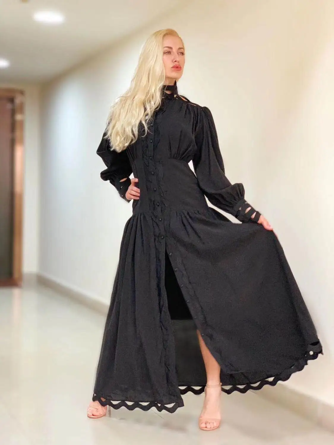 2019 Новое модное женское хлопковое платье с длинным пышным рукавом и стоячим