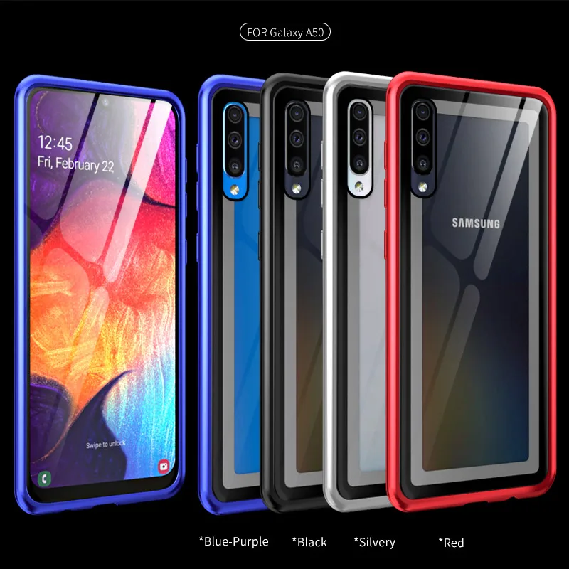 Роскошный Алюминиевый металлический бампер чехол для телефона для samsung Galaxy A50 A40 A30 A10 чехол противоударный металлический каркас закаленное стекло задняя крышка