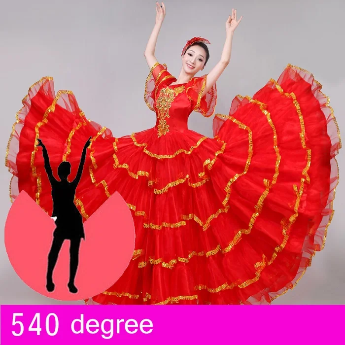 540 degree Испанская коррида танцевальная юбка в стиле фламенко бальный стиль женское атласное платье Цыганский костюм для сценических выступлений танцевальный костюм DN3043 - Цвет: 540 degree