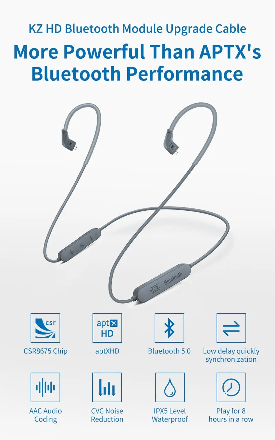 KZ беспроводной Bluetooth адаптер CSR8675 IPX5 APTX HD AAC с микрофоном 2Pin 0,75 разъем для KZ ZSN/ZS10 Pro/AS16/ZST/ZS10/AS10/AS06
