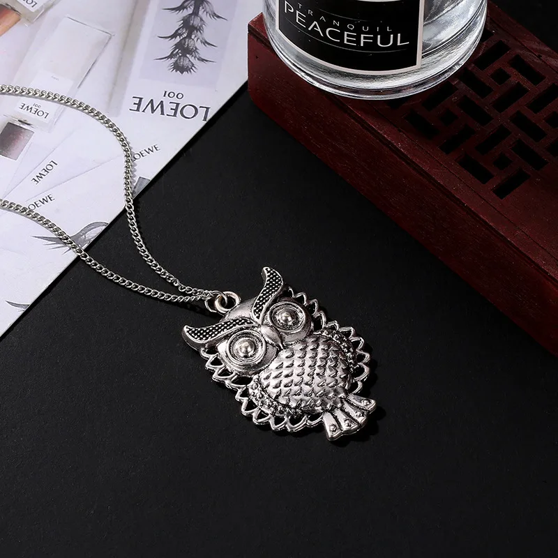Vintage Vivid Carved Owl Cute Animals Pendant Long Thin Chain Ethnic Style Antique Silver Plated Necklaces For Women | Украшения и
