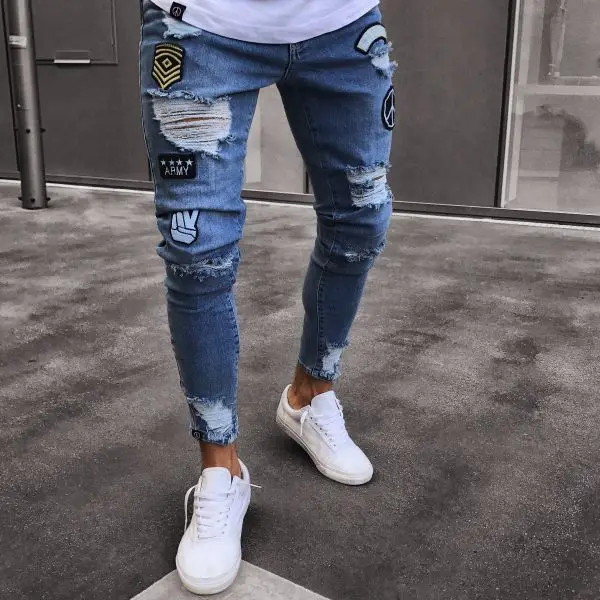 2019 Men Stylish Ripped Jeans Pants Biker Skinny Slim Straight Frayed Denim Trousers New Fashion skinny jeans men Clothes | Мужская