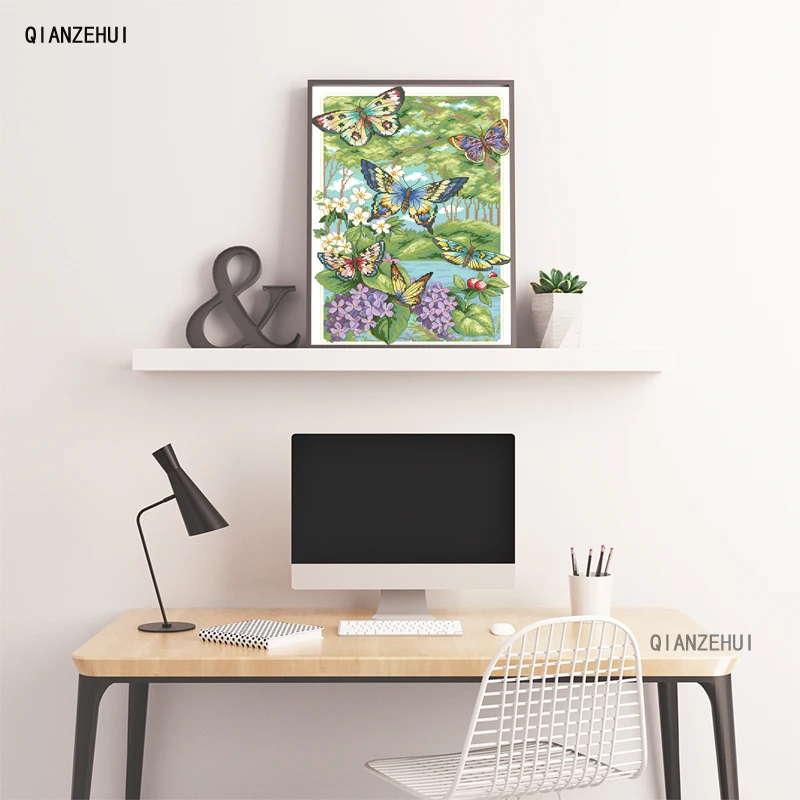 QIANZEHUI Needlework DIY Butterflies fly in the forest Cross stitch Sets For Embroidery kits Cross-Stitching Wall Home Decro | Дом и сад