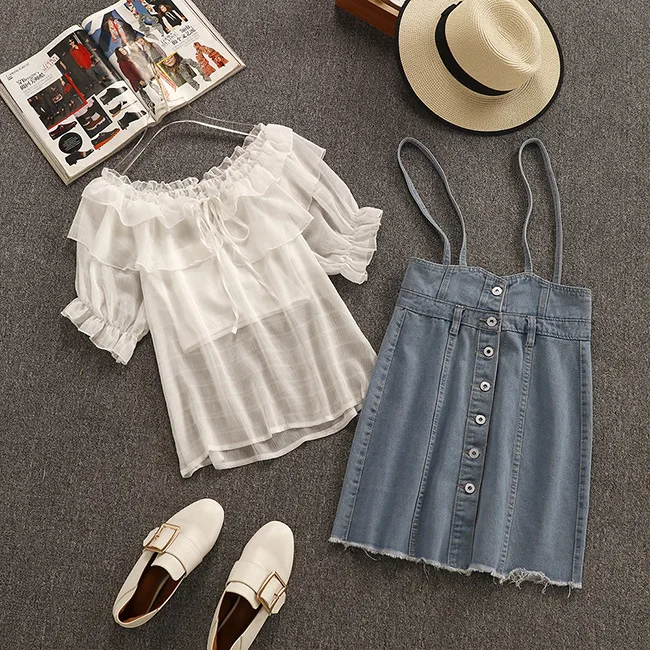 Женские 3 шт. костюмы Топы без бретелек + шифон грудь оборки на шнуровке полу