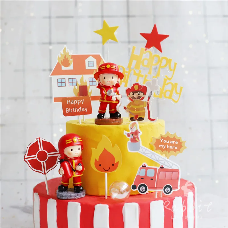 Fireman Hero Decoration Water Gun Ladder Truck Cake Topper for Children's Day Kid Happy Birthday Party Supplies Baking Cute Gift