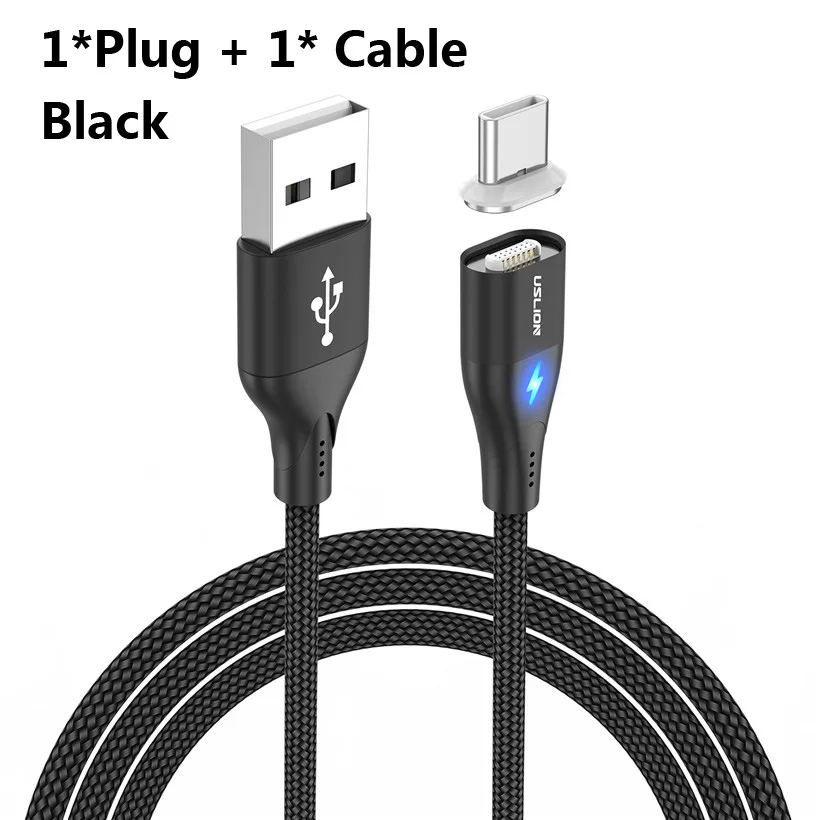 USLION 3A светодиодный магнитный кабель для быстрой зарядки для iPhone XS Micro usb type C Магнитный зарядный кабель для телефона huawei samsung Xiaomi - Color: Black