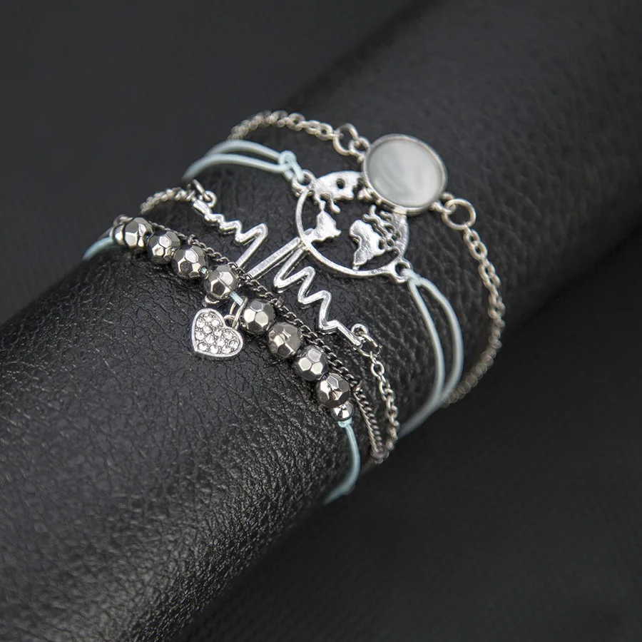 5Pc/Set Bohemia Bracelet Set Sliver Color Map Round Heart Beads Bracelets &amp Bangles Charm For Women Party Jewelry Gift | Украшения и