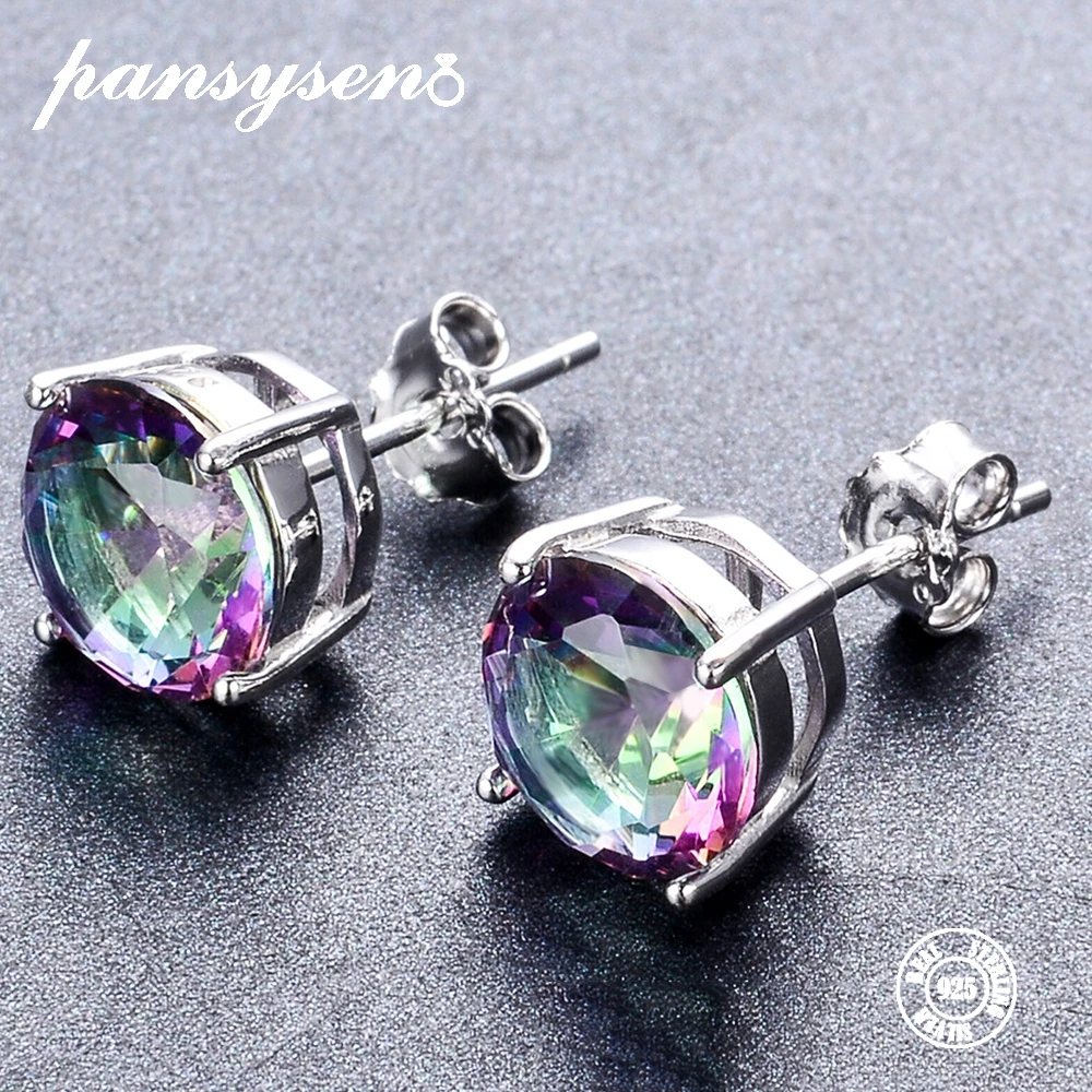 PANSYSEN 925 пробы серебряные 8 мм круглые мистические радужные серьги-гвоздики с топазом Ювелирные серьги для женщин подарок