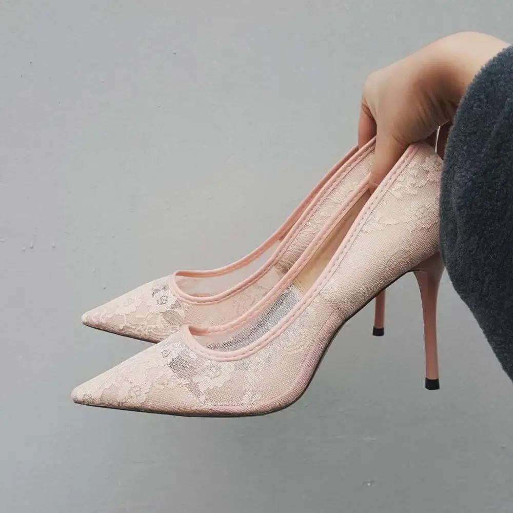 Boussac/элегантные женские туфли-лодочки на высоком каблуке; прозрачные свадебные туфли с цветочным кружевом; женская пикантная обувь для вечеринок с острым носком; SWB0107 - Цвет: pink