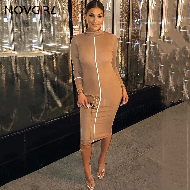Novgirl 90% хлопок миди платье для женщин 2019 Водолазка с длинным рукавом облегающее
