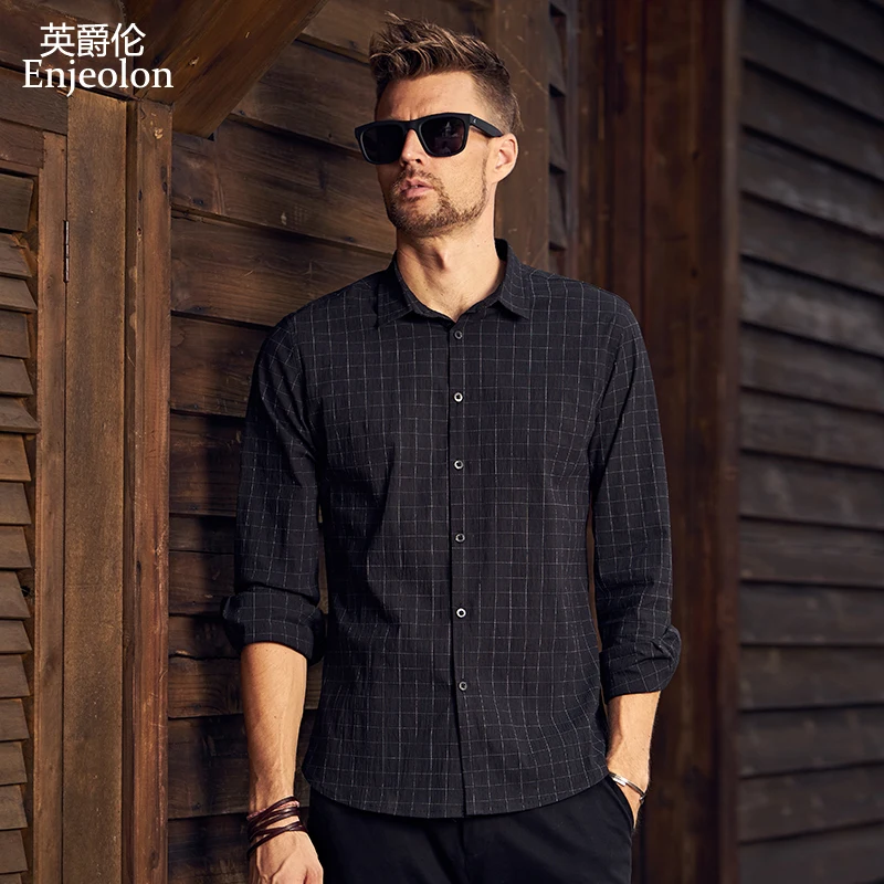 Enjeolon Spring Autumn Camisa Masculina Shirt Men Black Plaid 3XL Shirts Blouse Cotton Long Sleeve Casual CX2336-1 | Мужская одежда