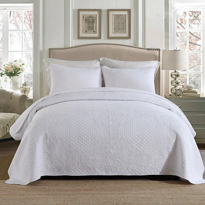 

Embroidered Bedspread Quilt Set 3PCS White Solid Color Quilted Bedding Cotton Quilts Bed Covers Shams King Queen Size Coverlet