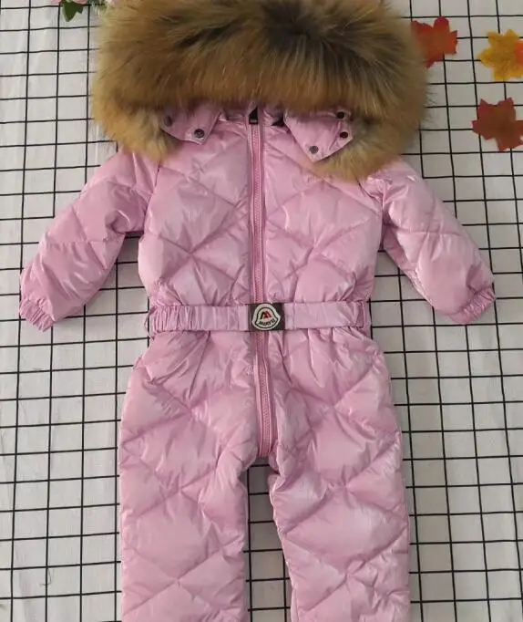 Розовый 70cm-150cm Real fur hooded baby outergoing Winter children jumpsuit snow suit girl down boy Baby coveralls ski suit - Цвет: Розовый