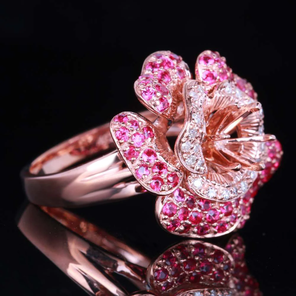 1.4ct кольца для женщин из розового золота с круглыми алмазами и рубинами 6 мм 14K |