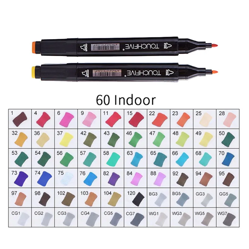 60-indoor-black TOUCHFIVE 60 цветов Ручка Маркер Набор двойная головка эскиз маркеры дешевые спиртовой фломастер для рисования манга анимационный дизайн художественные принадлежности - Цвет: 60-indoor-black