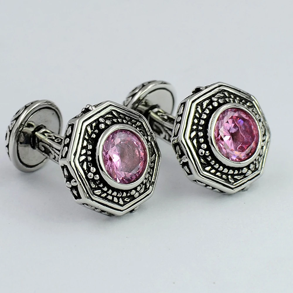 Blue and pink crystal octagon cufflinks engraved double sided brass plated white steel art deco | Украшения и аксессуары