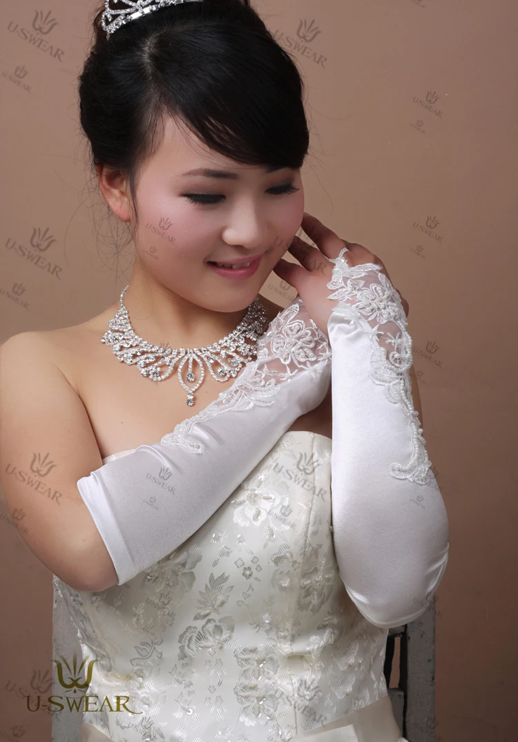 Высокое качество белый или кот аппликация свадебные перчатки с кружевами