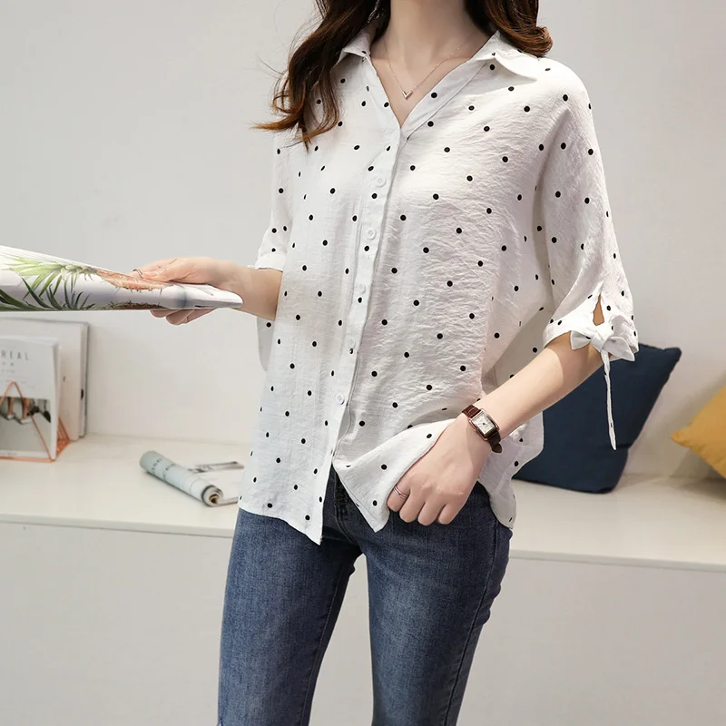 Vintage Chiffon Polka Dots Shirt Women's Blouse Tops Short Sleeve Shirt 3