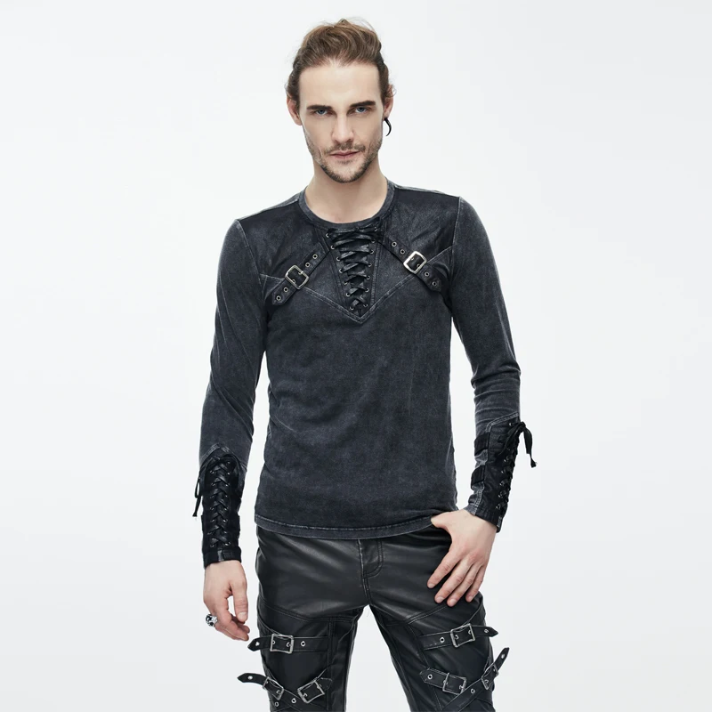 

Punk Rock Long Sleeve Men T-shirt Gothic Black Brown Lacing Shoulder T-shirts For Men Slim Fit Fitness Fashion Streetwear