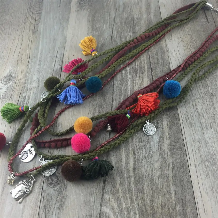 Винтажное разноцветное маленькое ожерелье с кисточками и помпоном многослойное