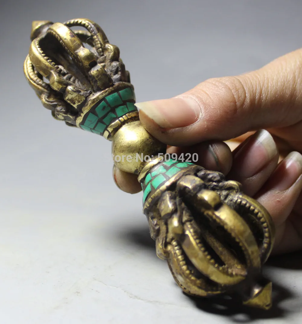 

12CM Tibet Buddhism Turquoise Bronze Gilt Vajra Chana Dorje Phurba Dagger Holder