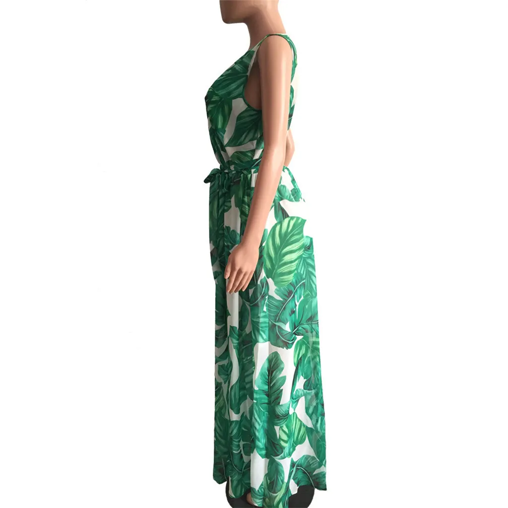 CHAMSGEND dress summer women long Sleeveless Stylish Chiffon With Belt V-Neck Printed Floral Maxi Dresses G0416#10 | Женская одежда