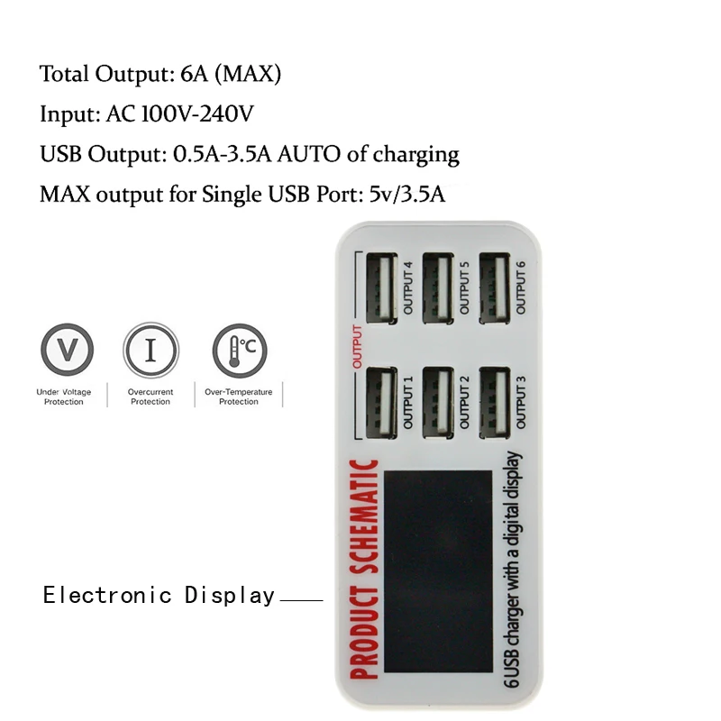 aixxco 6a with lcd digital display 6 port usb charger fast smart charging station for iphone xiaomi huawei samsung tablet free global shipping