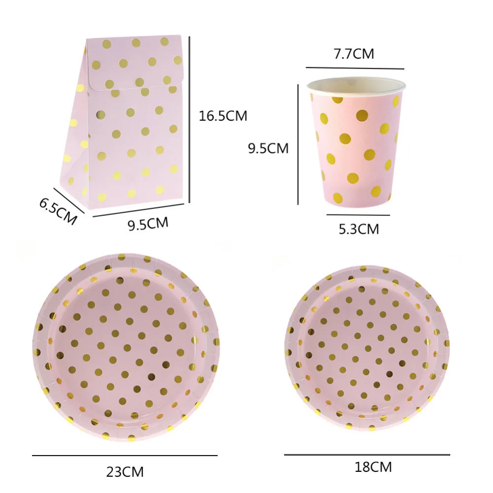 Gold Dot Pink Disposable Paper Tableware Sets Plates Cups Utensils Gift Bags Plate Wedding Birthday Party Decor | Дом и сад