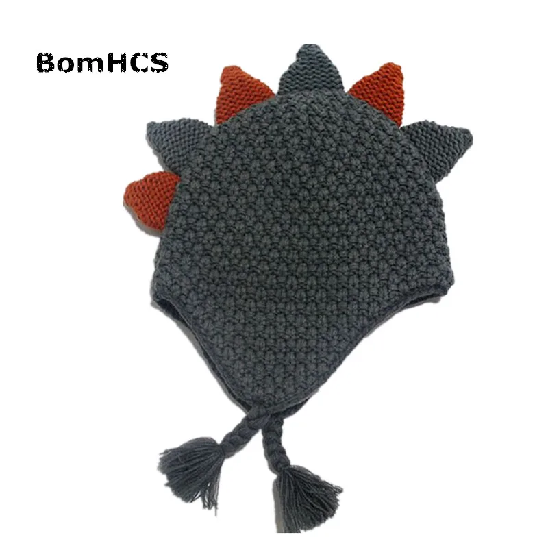 BomHCS Cute Kid's Dinosaur Earmuff Beanie 100% Handmade Knit Children's Funny Hat for kid age 3-10