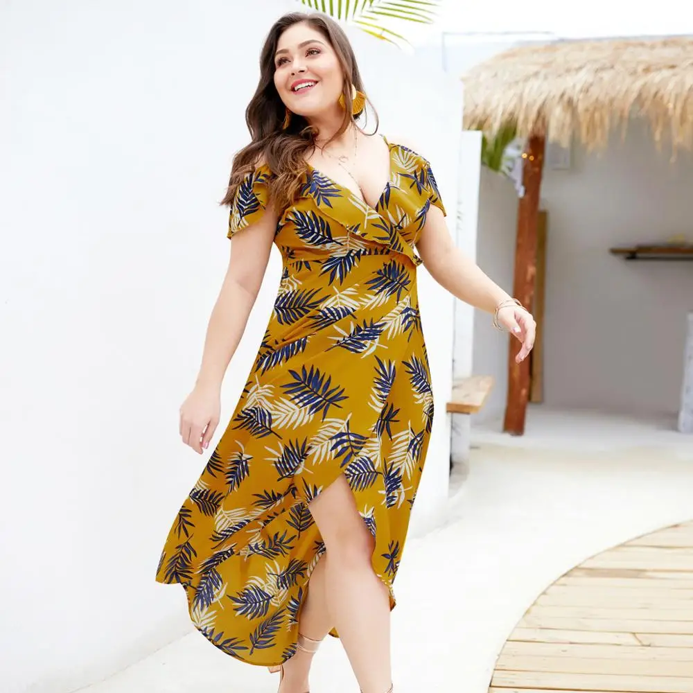 Большие размеры Boho Leaf Print женское длинное Макси летнее платье с v образным вырезом