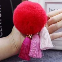 fashion fluffy rabbit fur pompom ball key chain for women gradient color tassels keychain on bag car trinket jewelry party gift