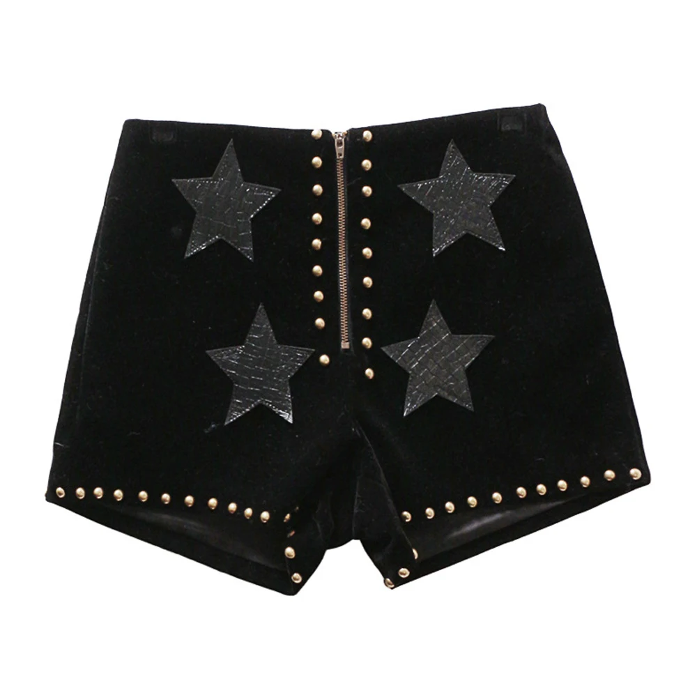 

Women Autumn Winter High Waist Rivet PU Star Designed Straight Zipper Velvet Shorts All Matching Black FS0711