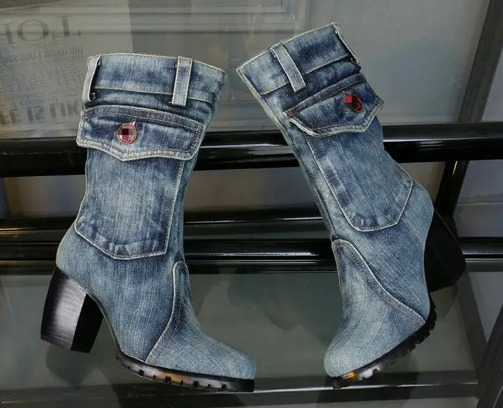 Женские зимние ботинки из синей джинсовой ткани; Botte Femme; женская обувь с боковой молнией; женские ботинки с круглым носком на не сужающемся книзу высоком массивном каблуке; теплые ботинки В рыцарском стиле