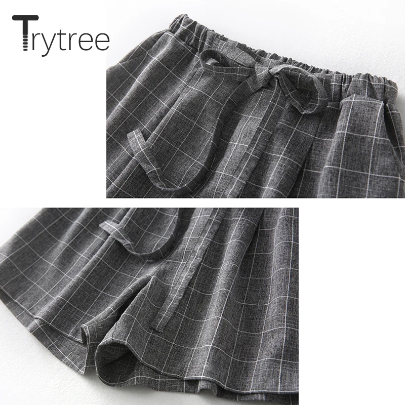 Trytree летний осенний Женский комплект из двух предметов, офисные топы+ шорты, клетчатый Топ, женский костюм, повседневный Женский комплект из 2 предметов, плюс размер