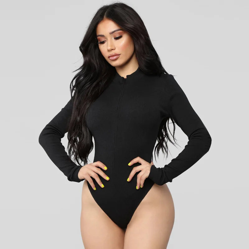 Solid Round Neck Slim Fit Skinny Bodysuits Long Sleeve Front Zip Office Lady OL Women Autumn Party Rompers | Женская одежда