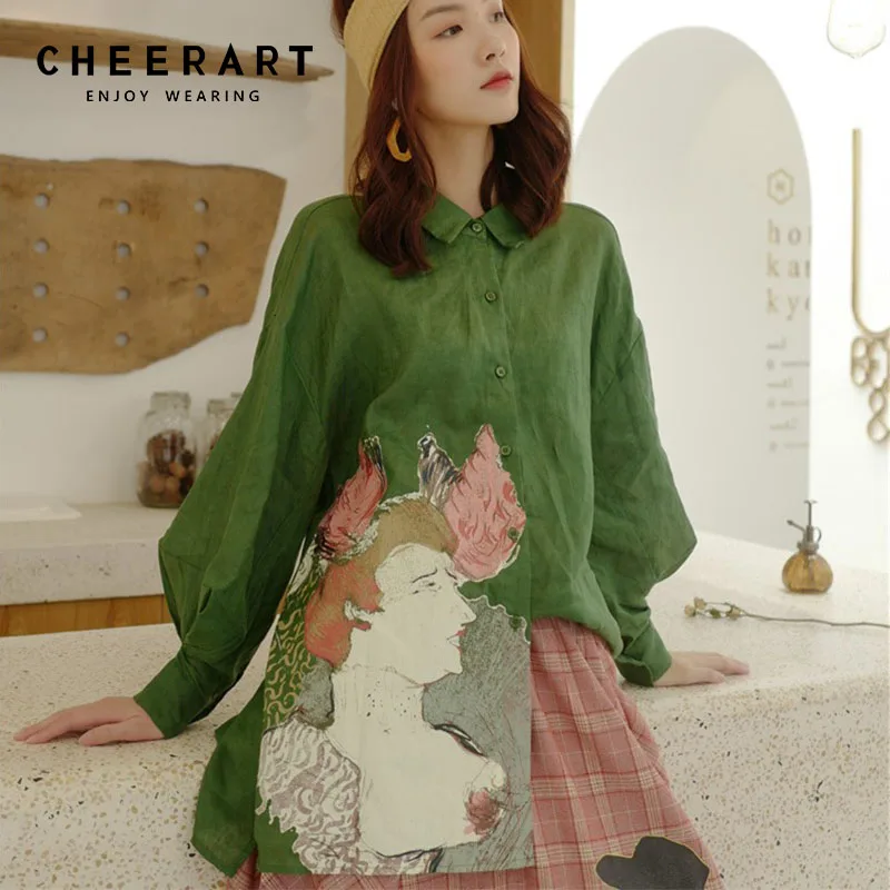 Женская винтажная блузка Cheerart зеленая Свободная с длинным рукавом и открытой