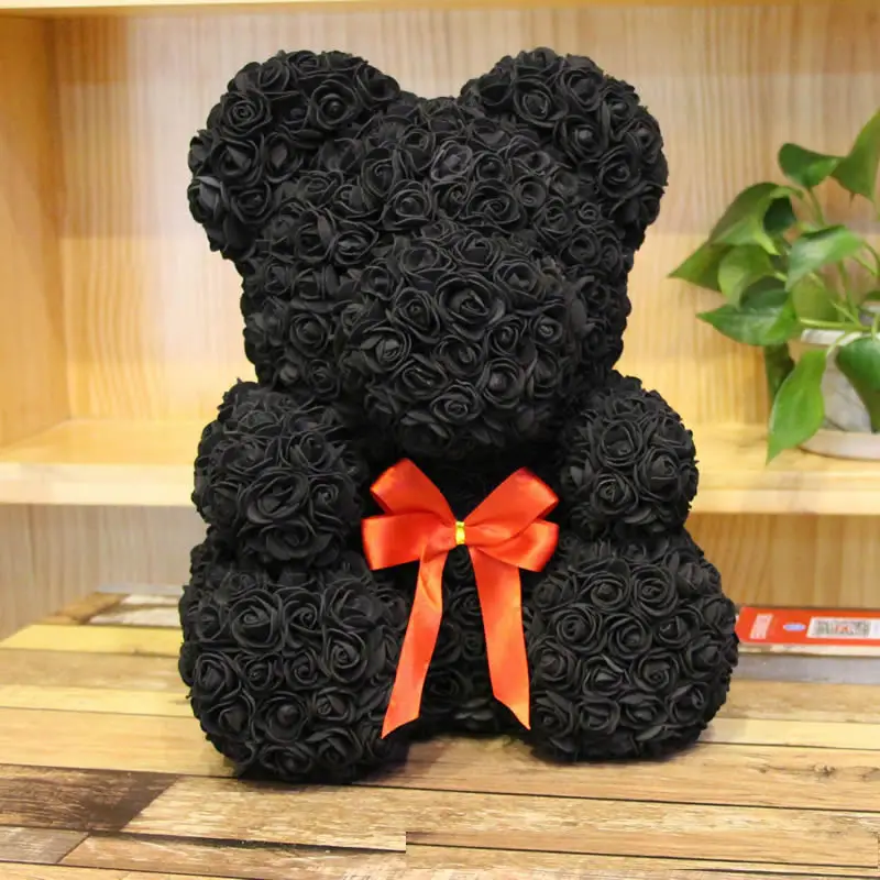 Black 25cm Мишка из роз 25 см Искусственный цветок букет голова розовый мишка Тедди счастливый Рождество Свадебная вечеринка декорации и подарки на день рожденья - Цвет: Black 25cm